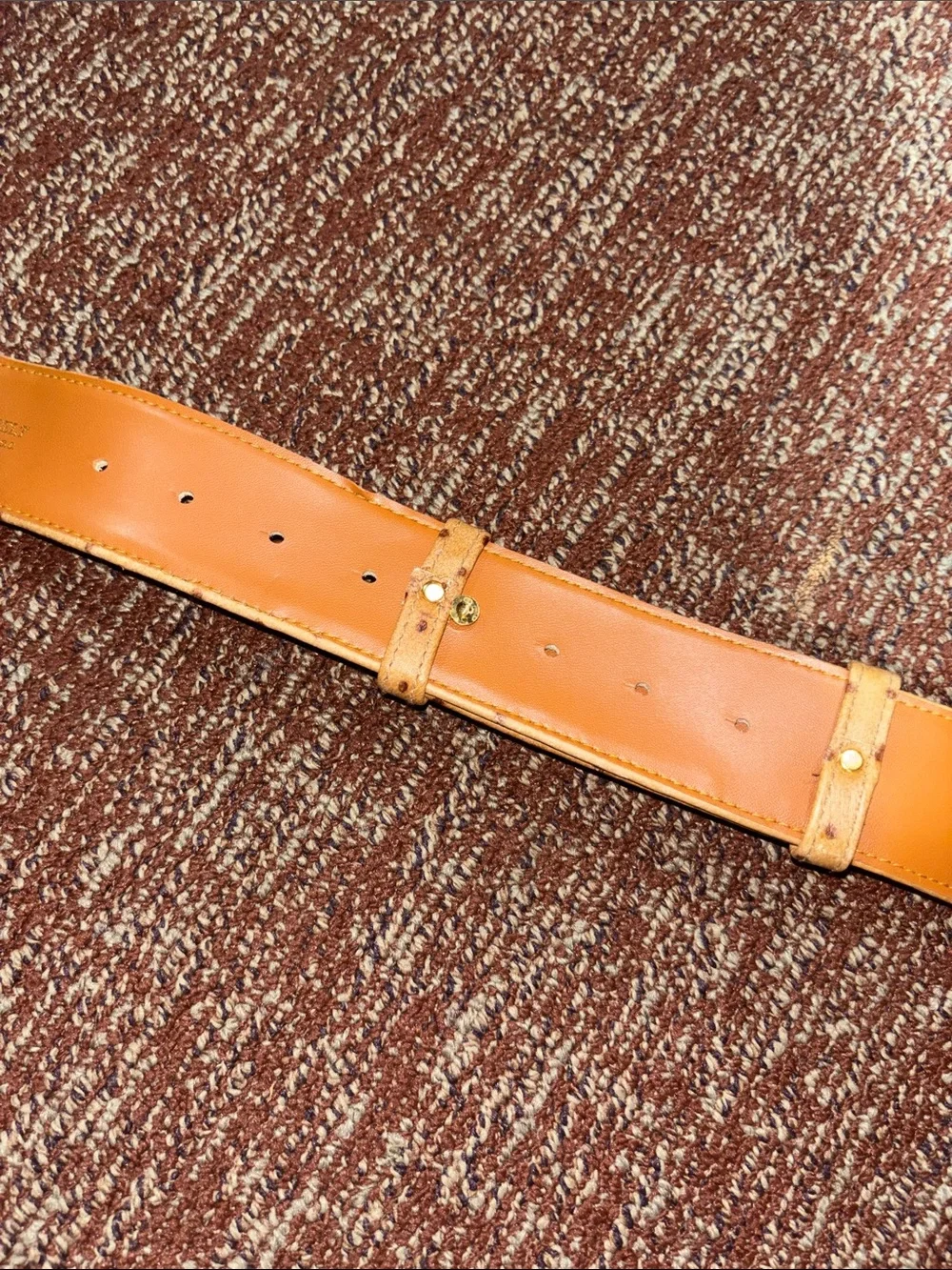 Vintage maximalist belt faux ostrich gold tone gladiator buckle leather belt